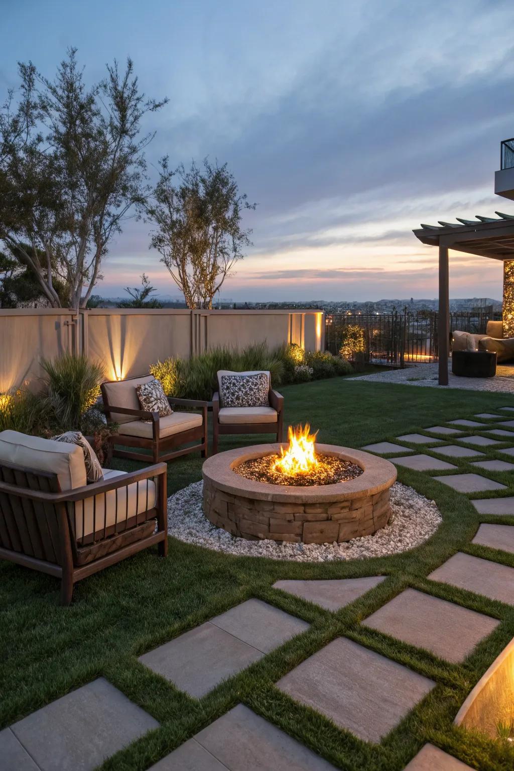 A cozy fire pit area framed with pavers and lush turf.