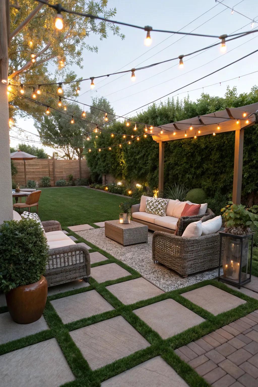 A welcoming outdoor living area using turf and pavers.