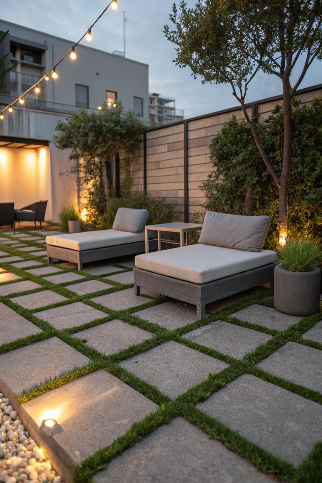 A minimalist patio design with pavers and turf.