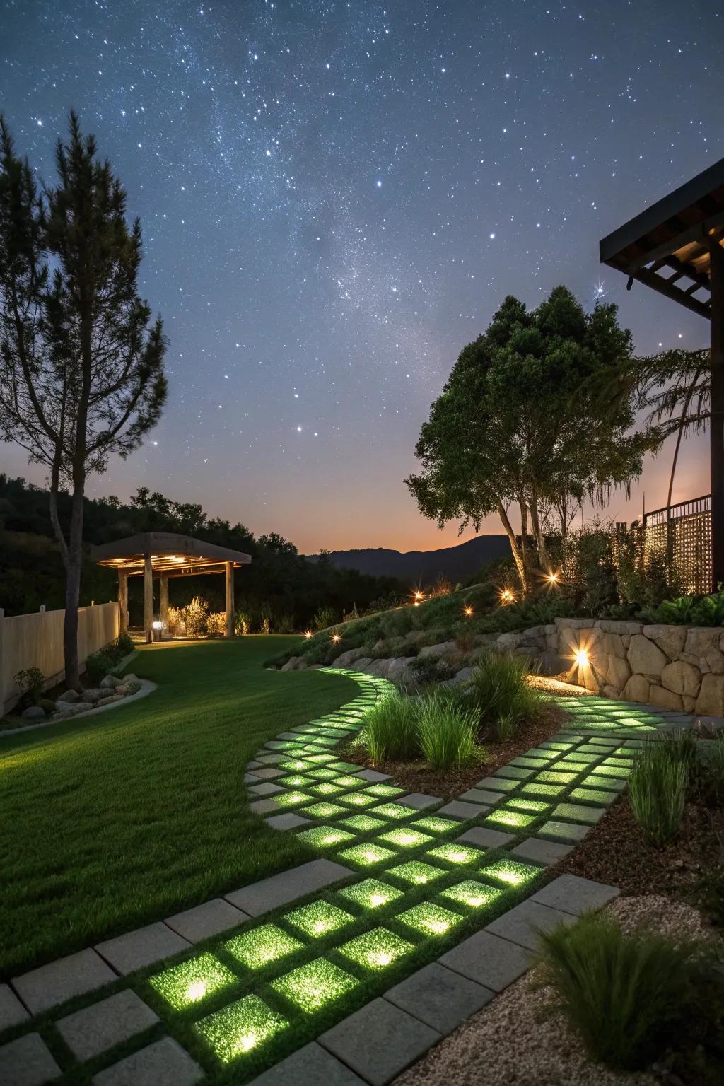 A magical glow-in-the-dark setup with pavers and turf.
