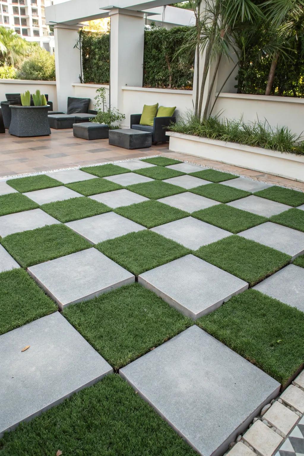A playful checkerboard pattern with pavers and turf.