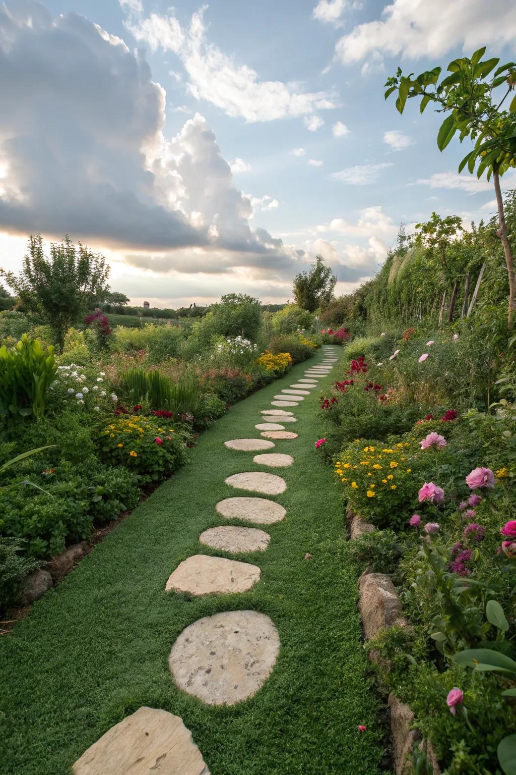 Whimsical garden pathways with stepping stones and turf.