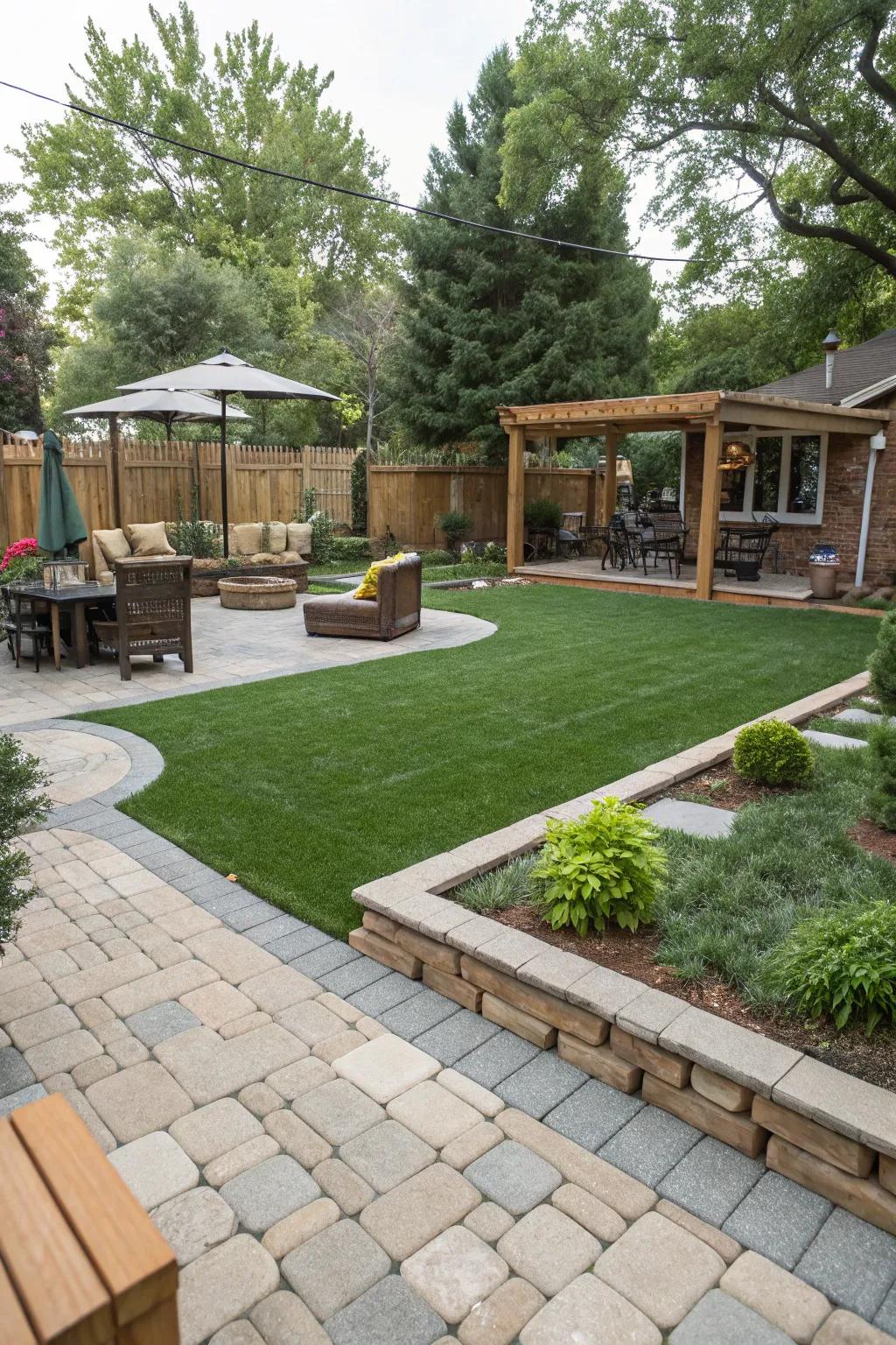 Defined landscaping zones using turf and pavers.