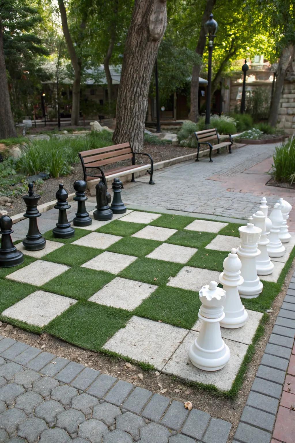 A life-sized outdoor chess board with pavers and turf.