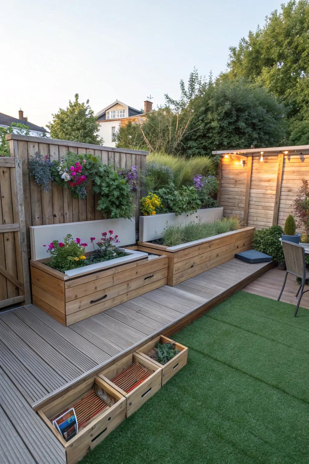 Creative hidden storage solutions with pavers and turf.