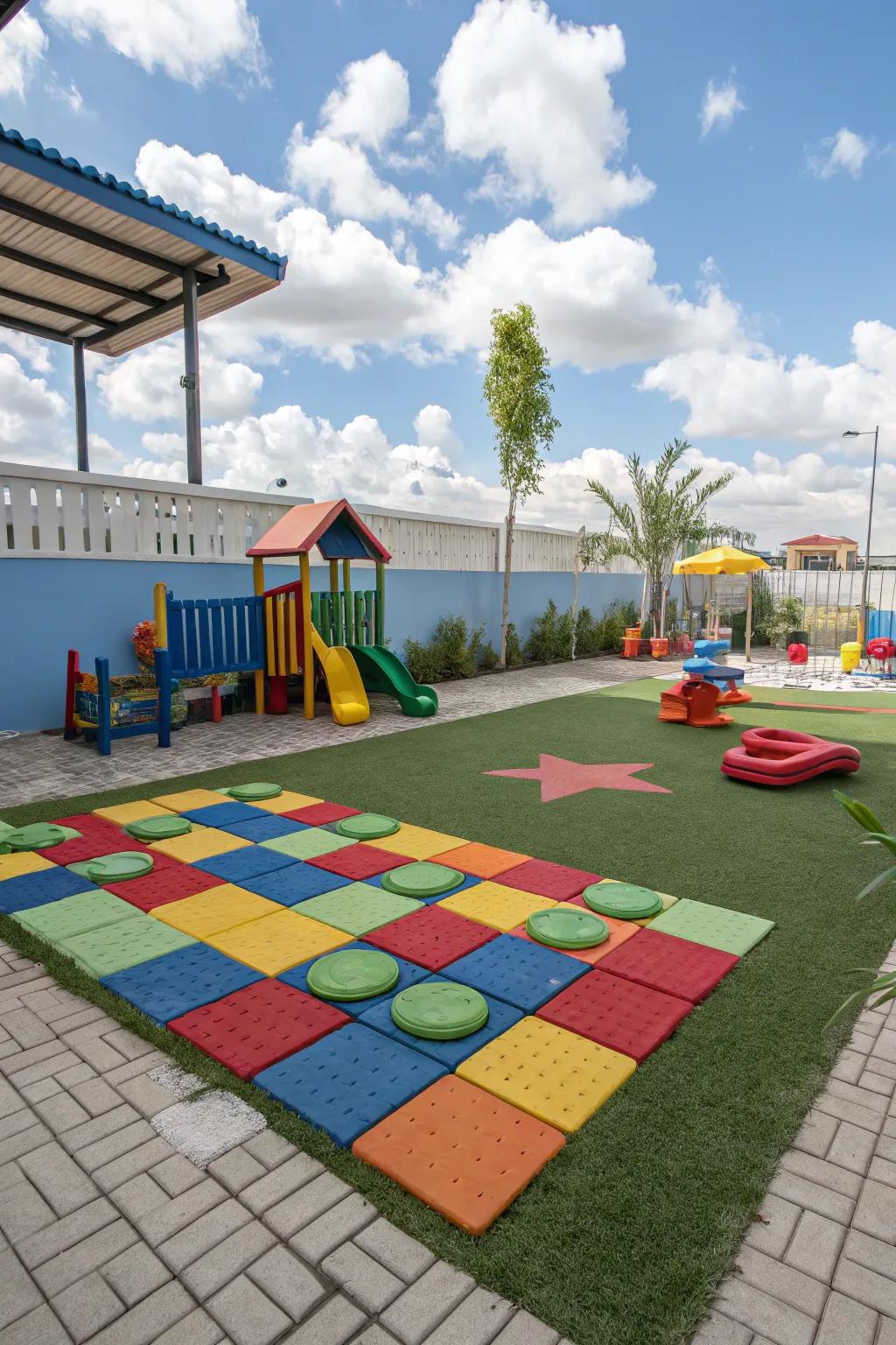 A playful puzzle area for kids using pavers and turf.
