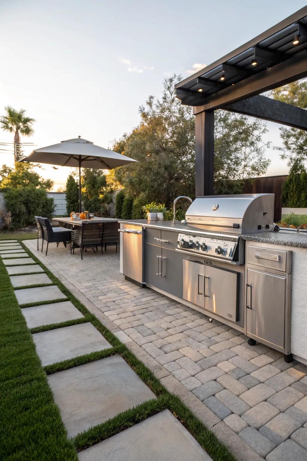 A stylish outdoor kitchen with paver and turf design.