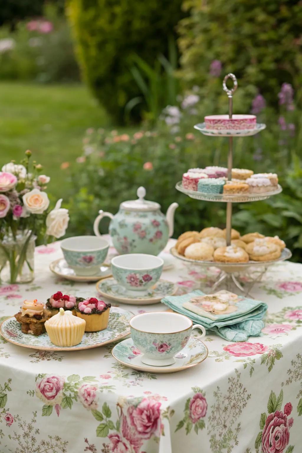 An enchanting garden tea party setup with vintage charm.