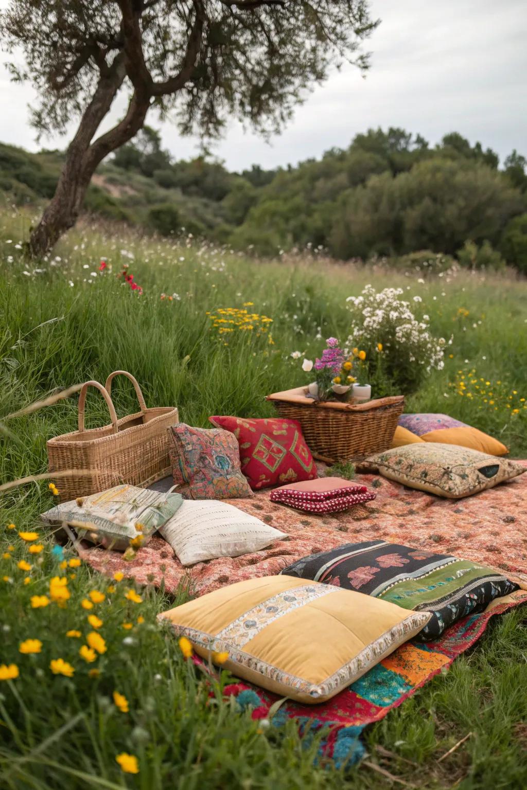 A cozy bohemian picnic setup perfect for a laid-back baby shower.