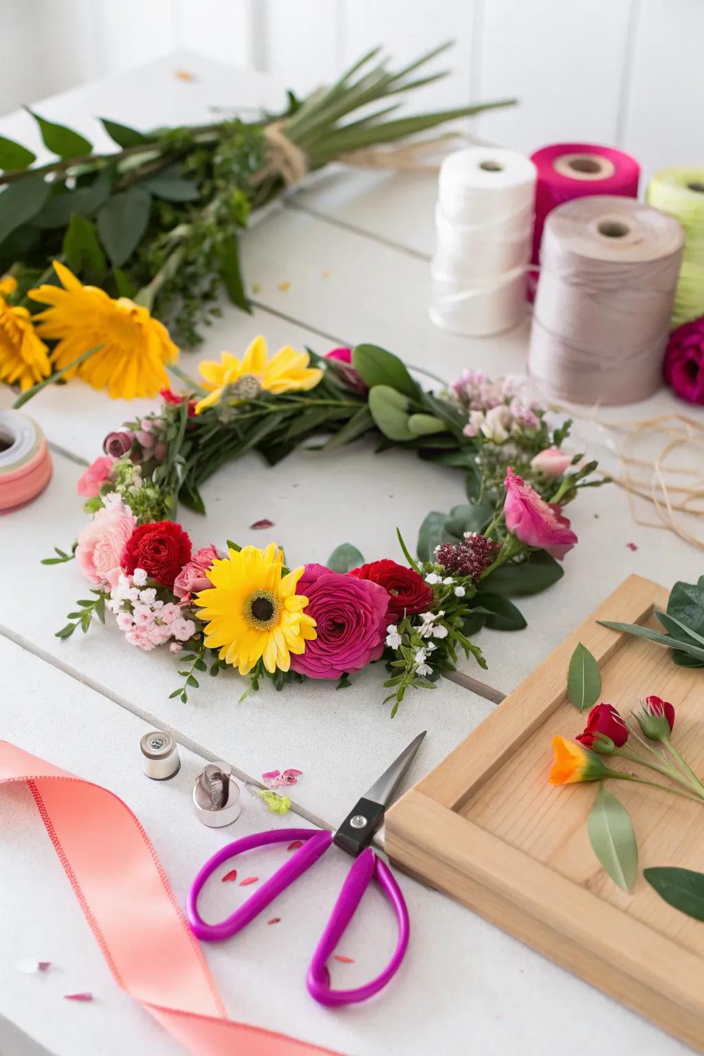 A creative floral crown station for guests to enjoy.