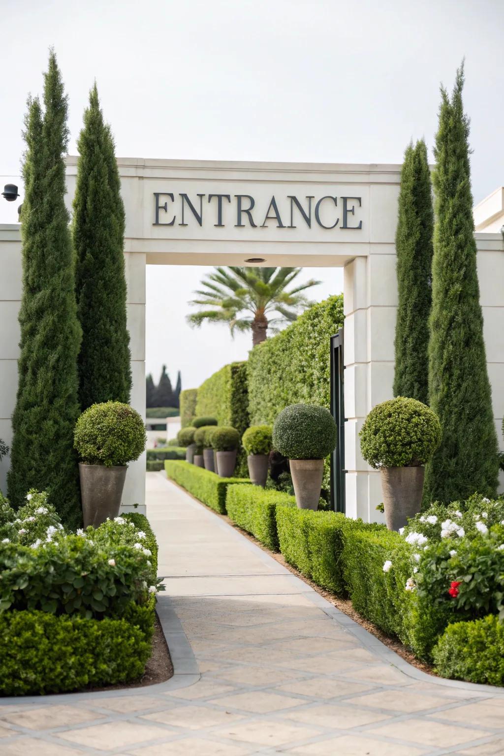 Symmetrical planting creating a balanced look around the entrance sign.