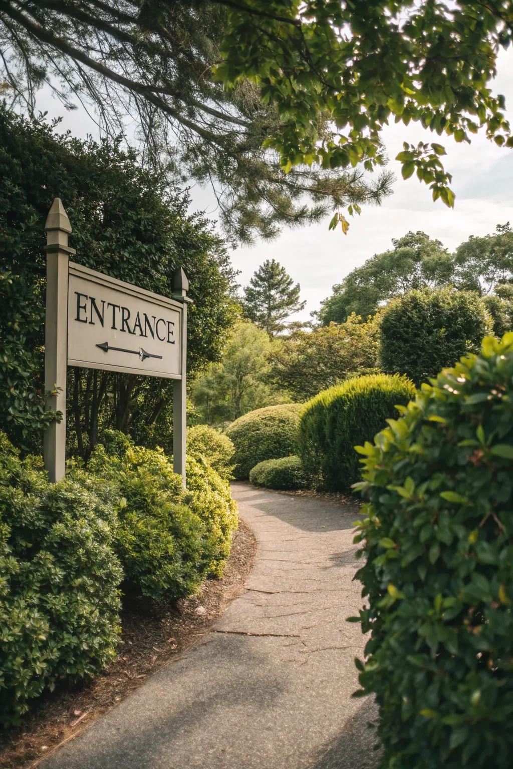 Entrance sign beautifully framed by lush, varied-height shrubs.