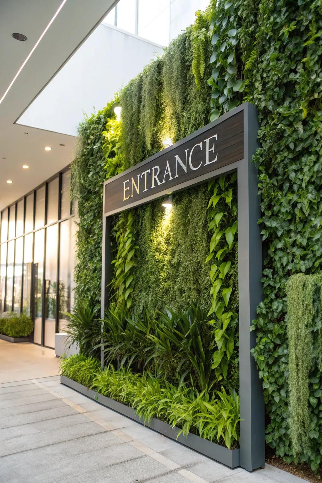 Modern vertical garden providing a striking background for the entrance sign.