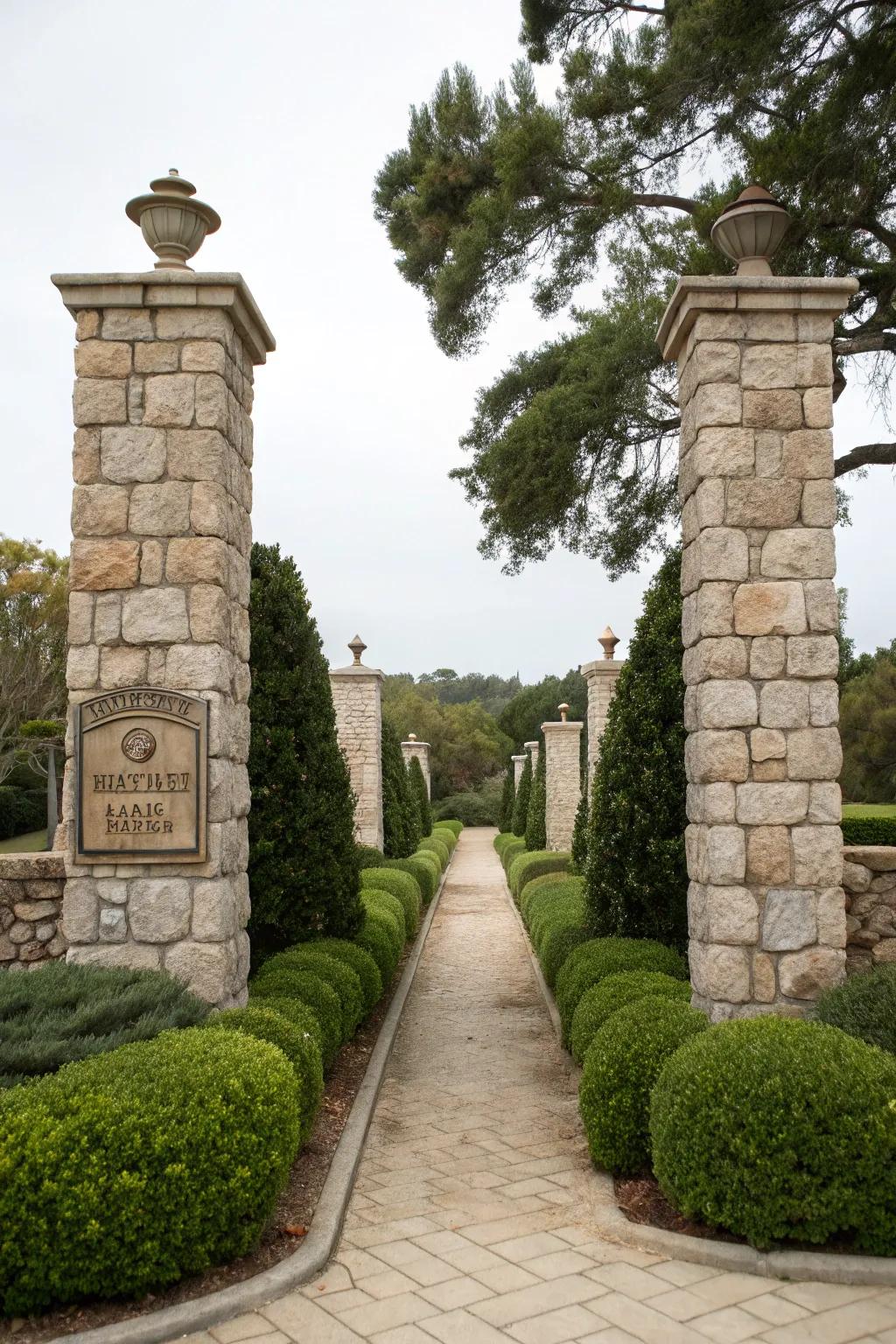 Grand entrance sign framed by towering stone pillars and greenery.