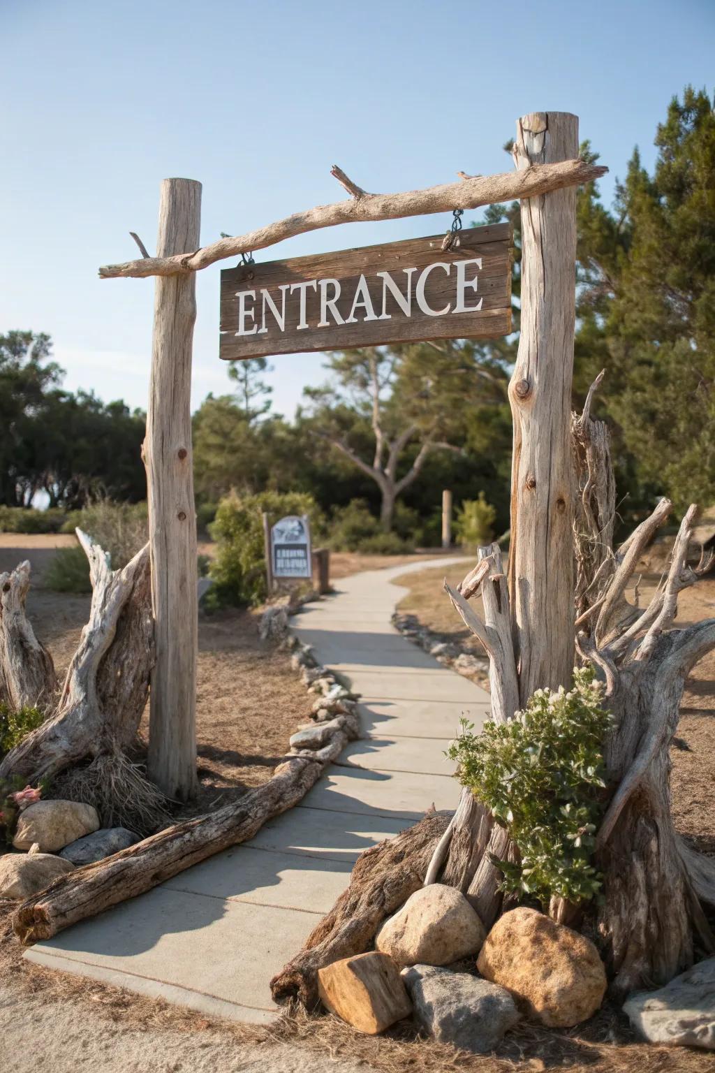 Coastal vibe achieved with driftwood accents at the entrance sign.