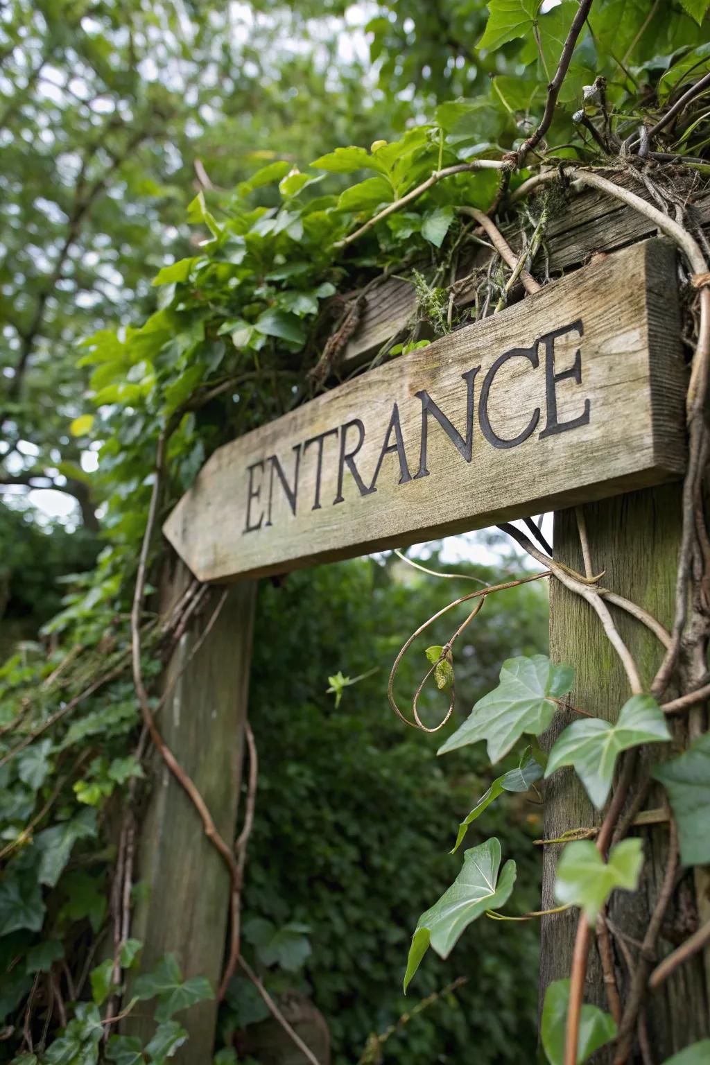 Rustic wooden sign nestled among lush greenery.