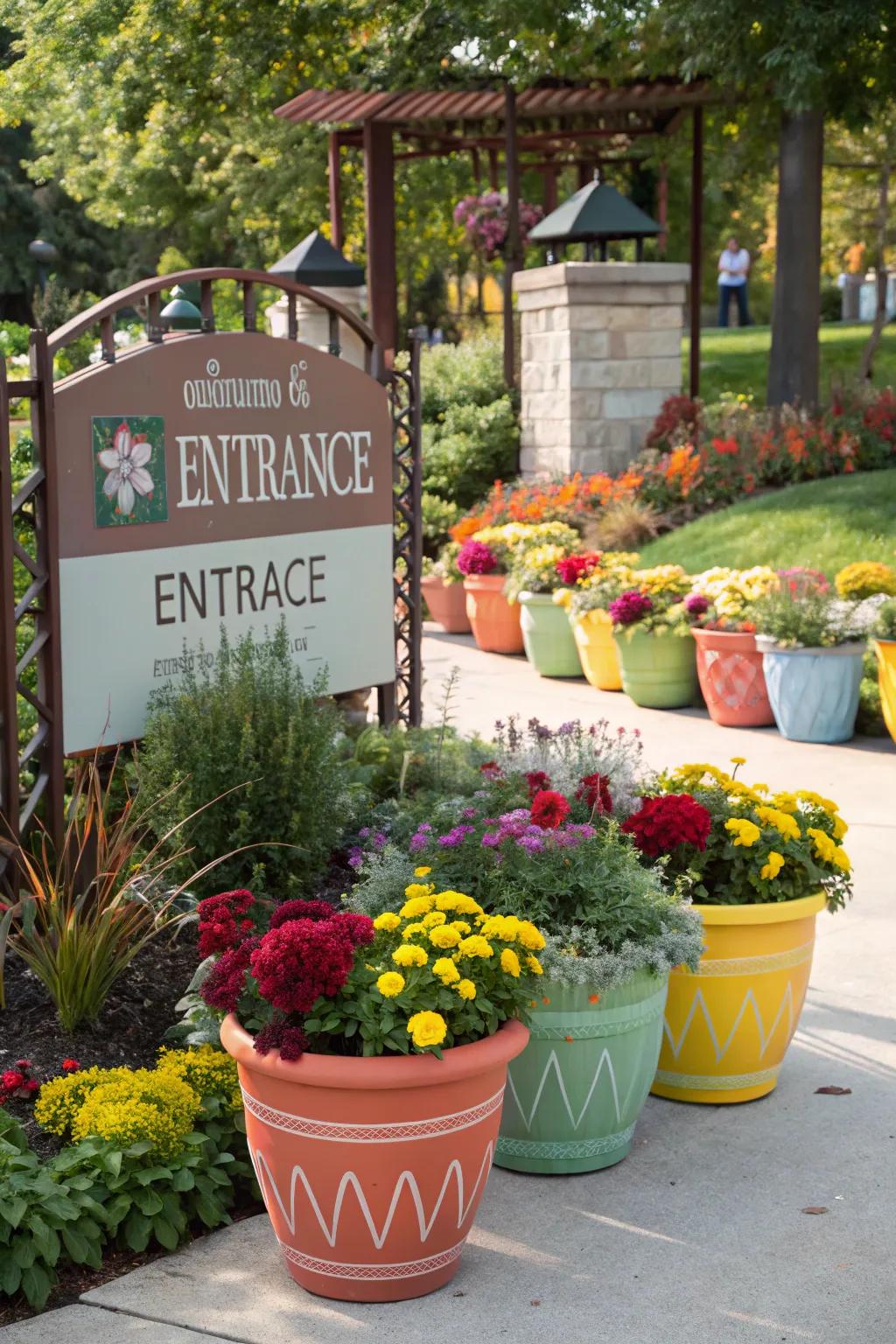 Vibrant pots adding a pop of personality to the entrance sign.