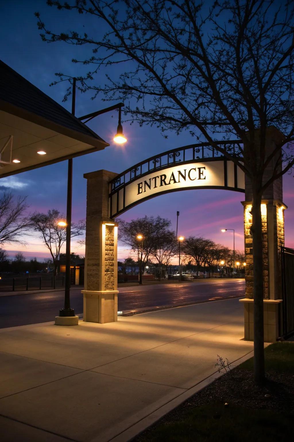 Entrance sign beautifully lit up for an enchanting nighttime look.