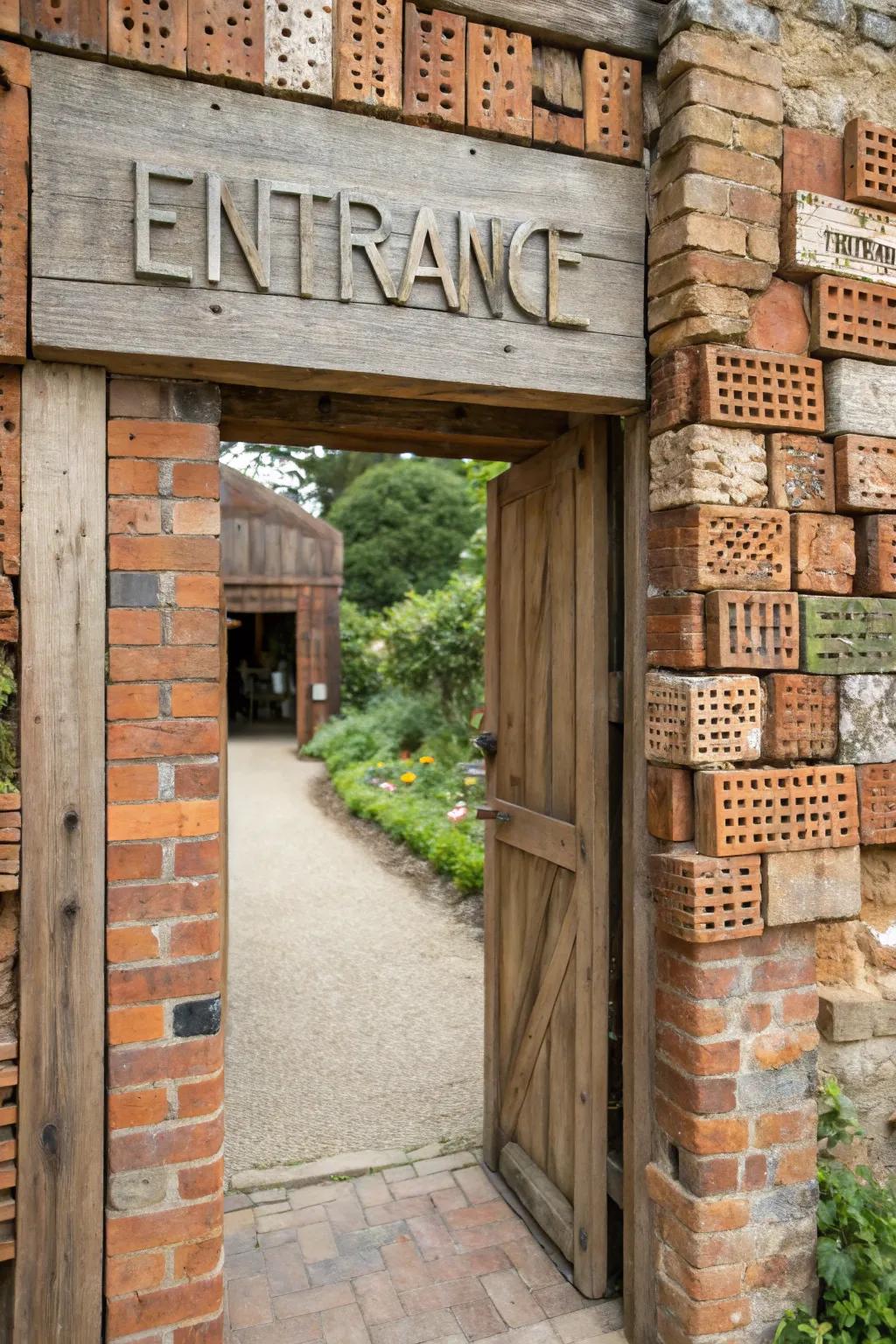 Eco-chic entrance sign featuring recycled materials for a stylish touch.