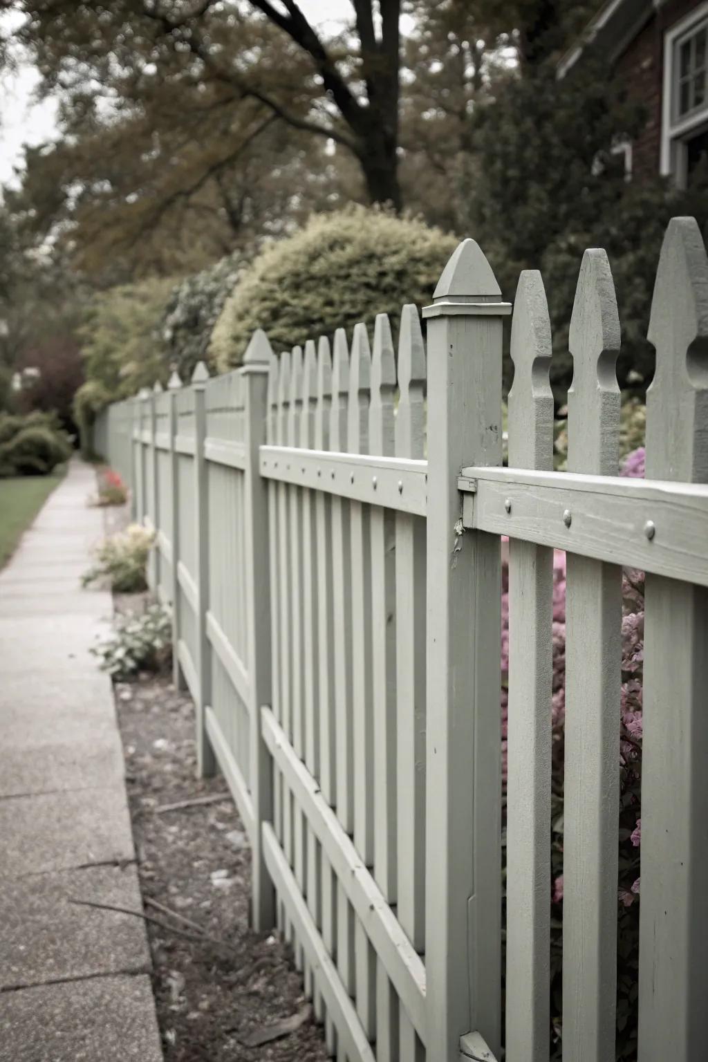 Monochromatic fence creating a harmonious garden look.