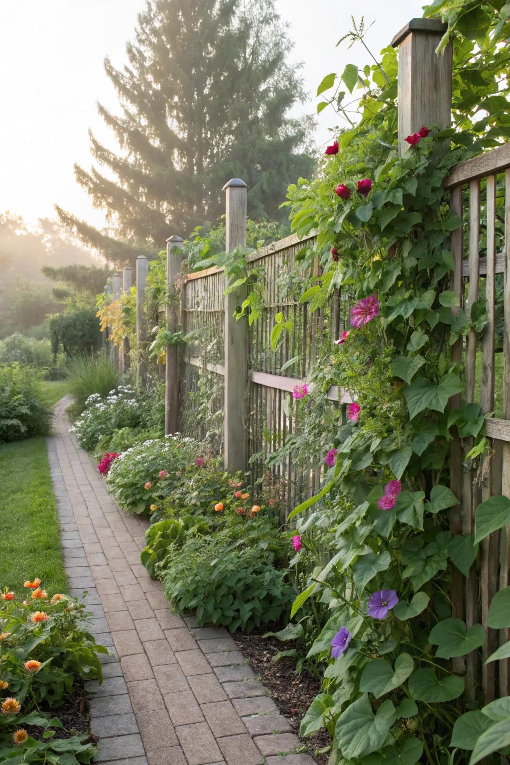 Garden fence supporting plant growth and space division.