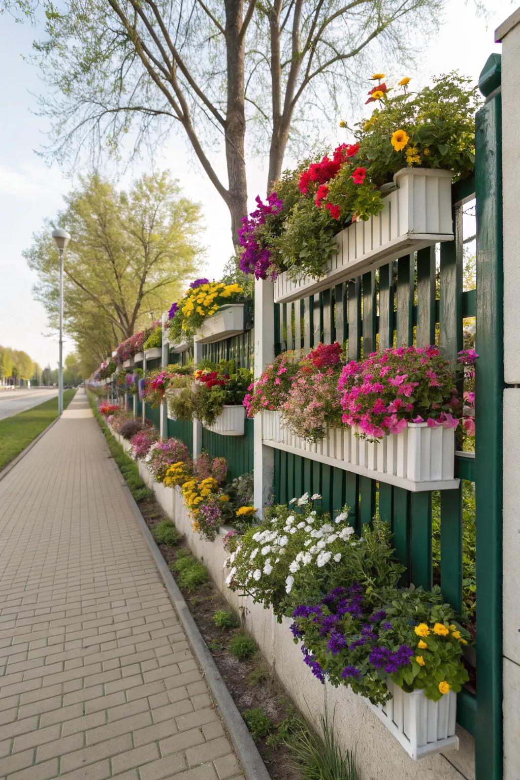 Vertical garden fence with planters for a lively outdoor ambiance.