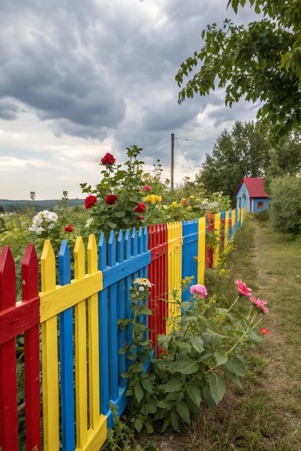 Colorful fence transforming the garden with vibrant hues.