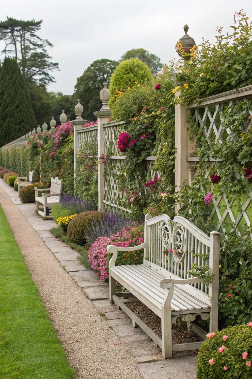 Decorative fence with functional seating and planters.