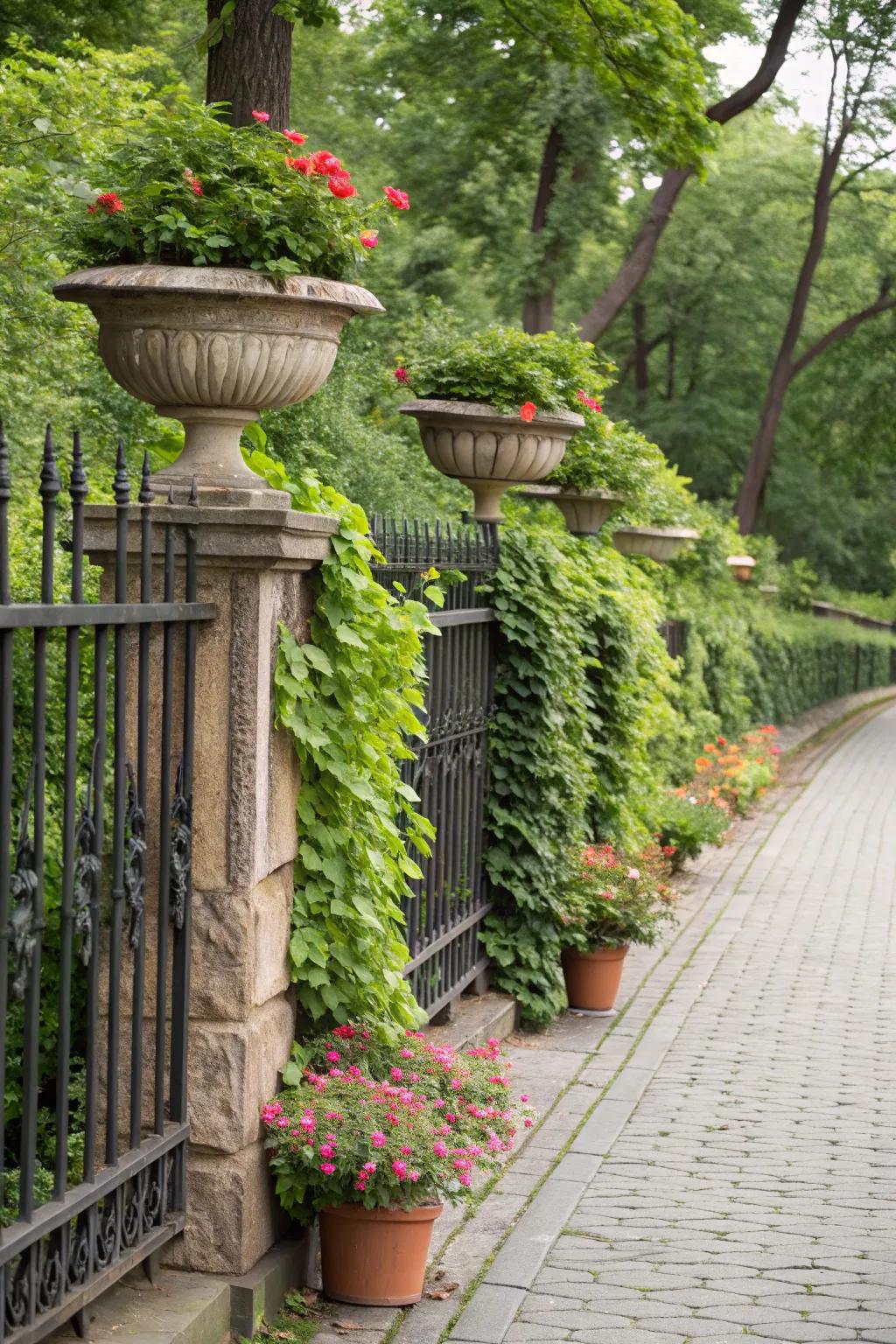 Planter-integrated fence adding greenery and breaking monotony.