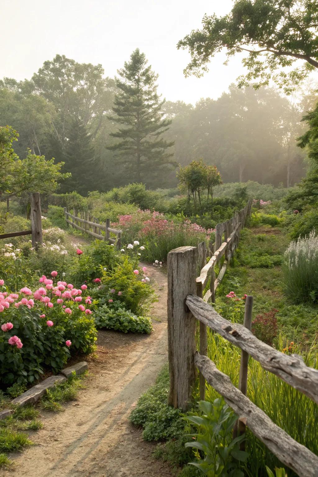 Rustic fence with natural wood for an organic garden feel.