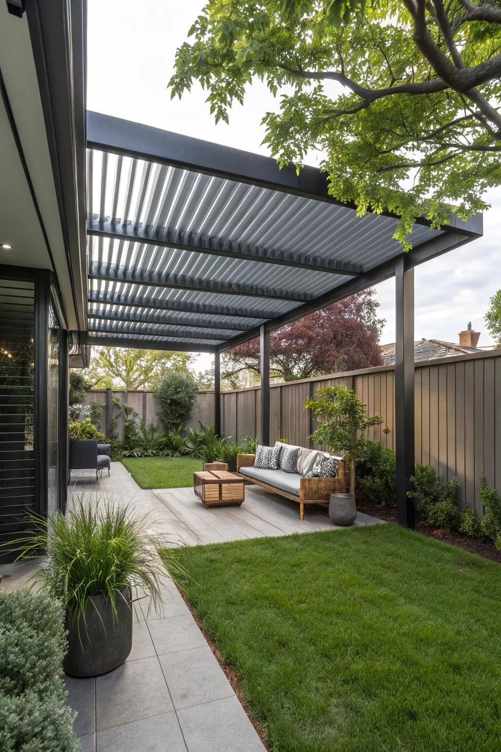 Metal sheets provide a sleek, industrial look for your pergola.