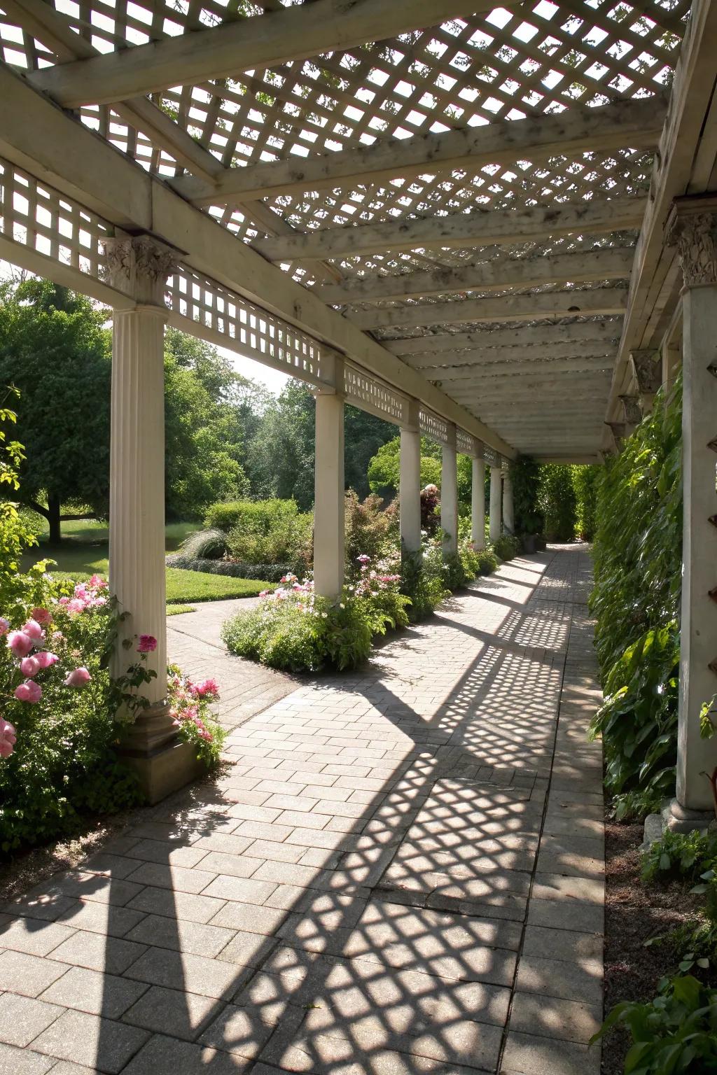 Lattice panels create beautiful patterns and provide partial shade.