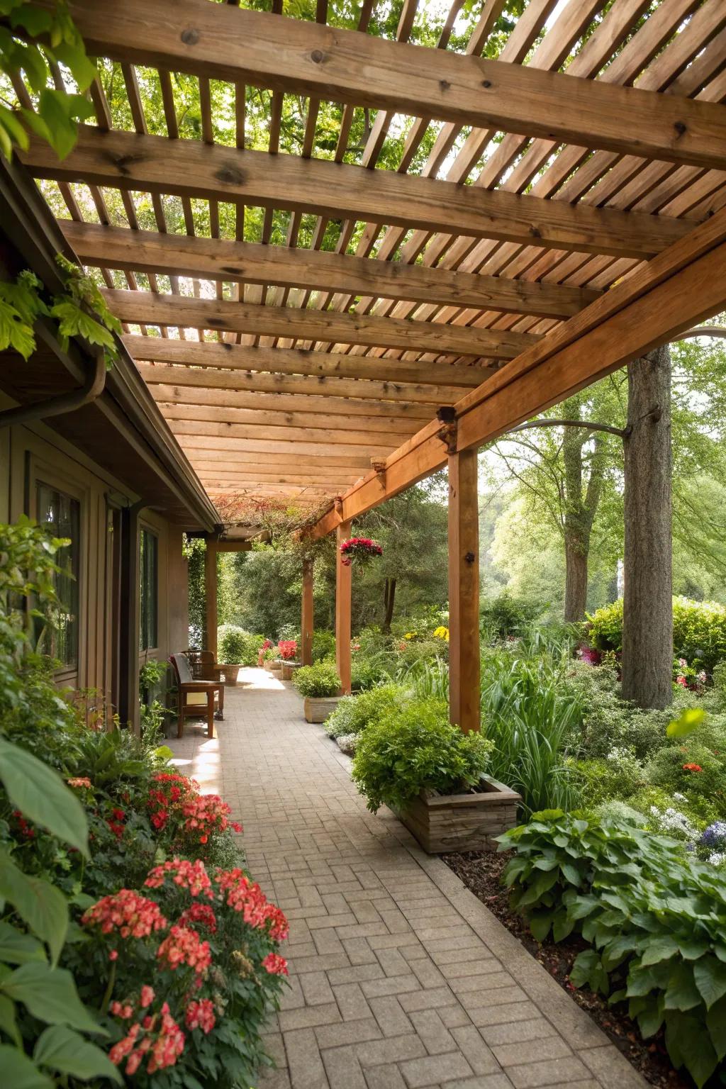 Wooden panels add rustic charm and warmth to any pergola.