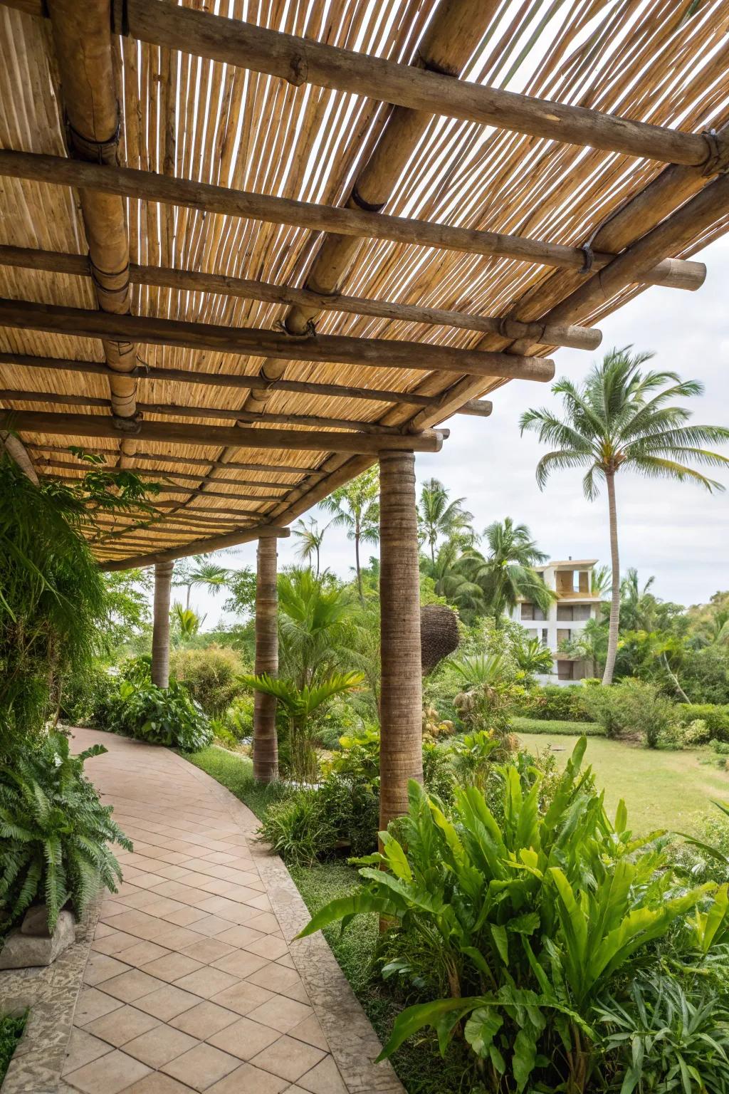 Bamboo adds a tropical charm and is a sustainable choice for pergola ceilings.