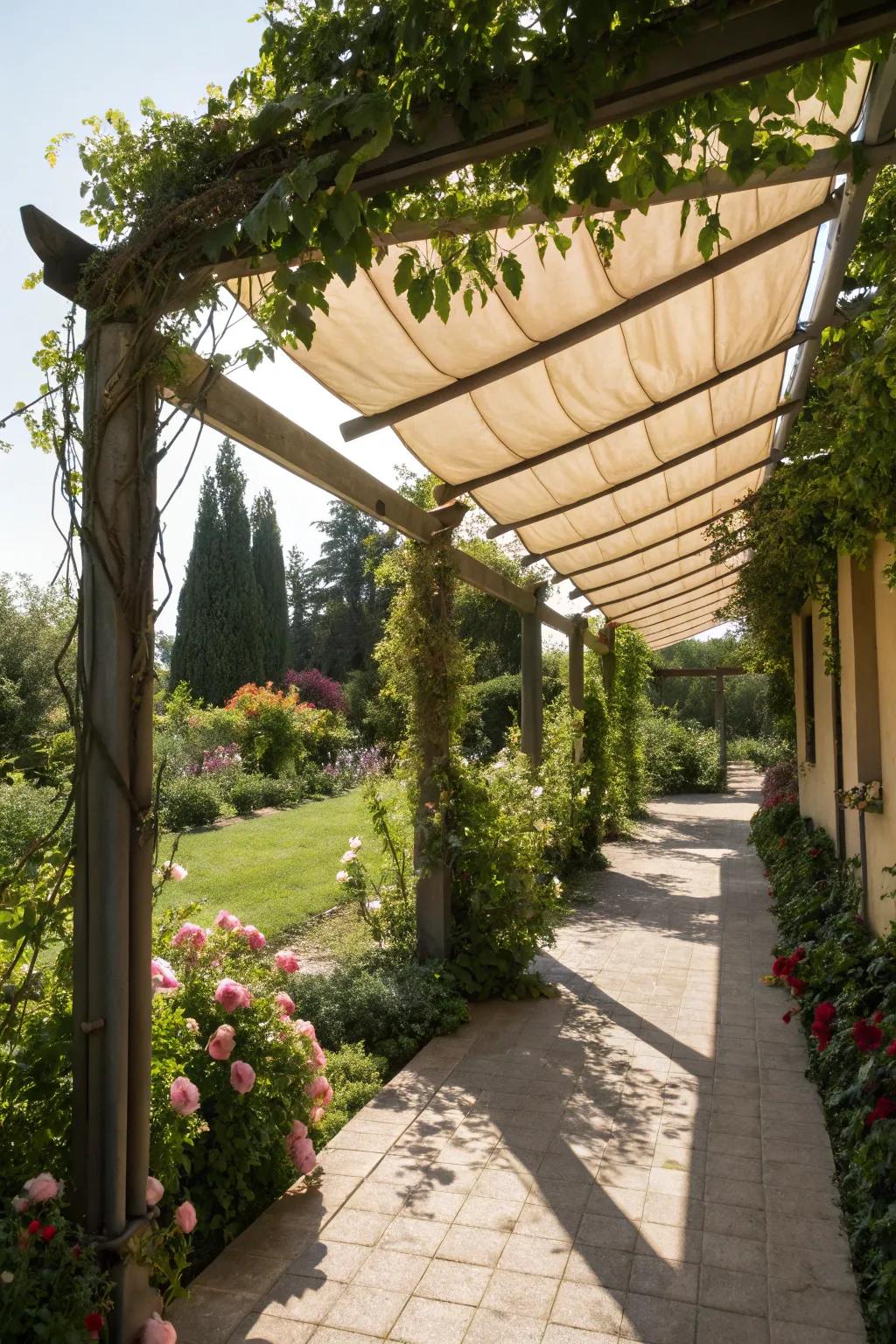 Retractable fabric canopies offer flexible shade options.