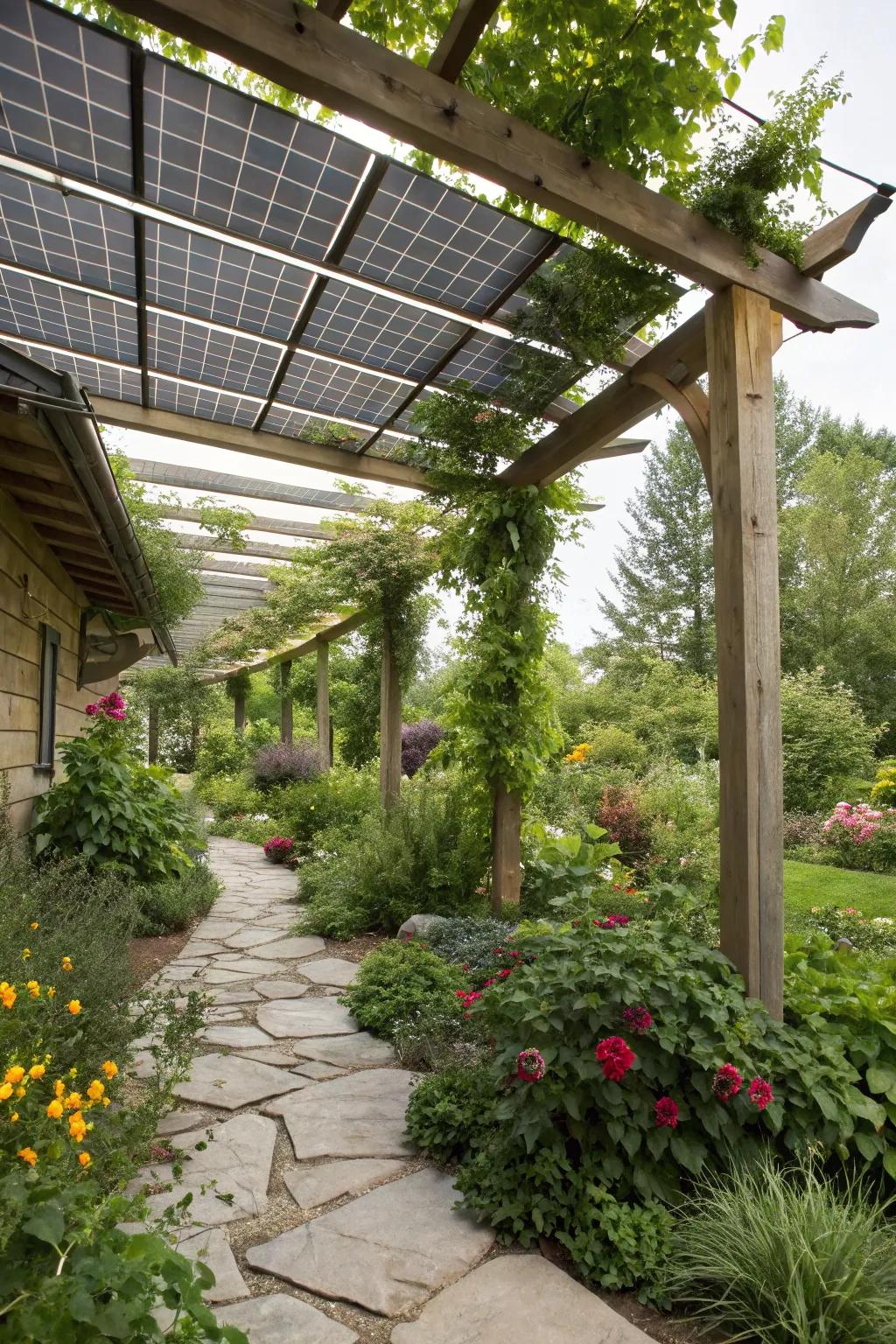 Solar panels on pergolas offer energy efficiency and sustainability.