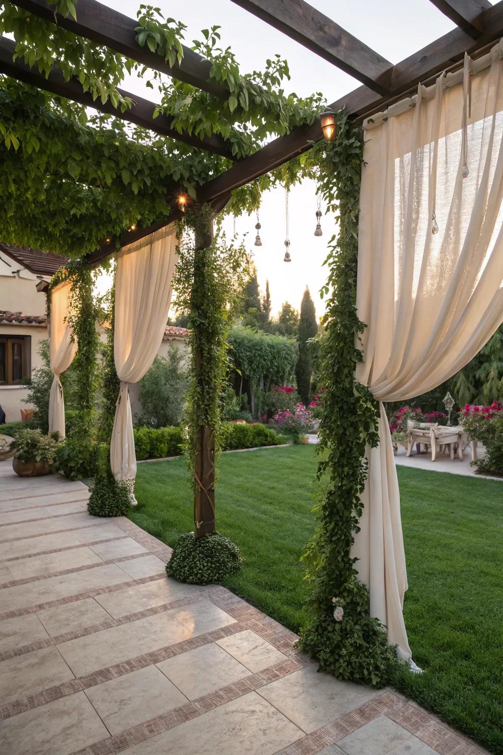 Decorative drapes add elegance and soft texture to your pergola.