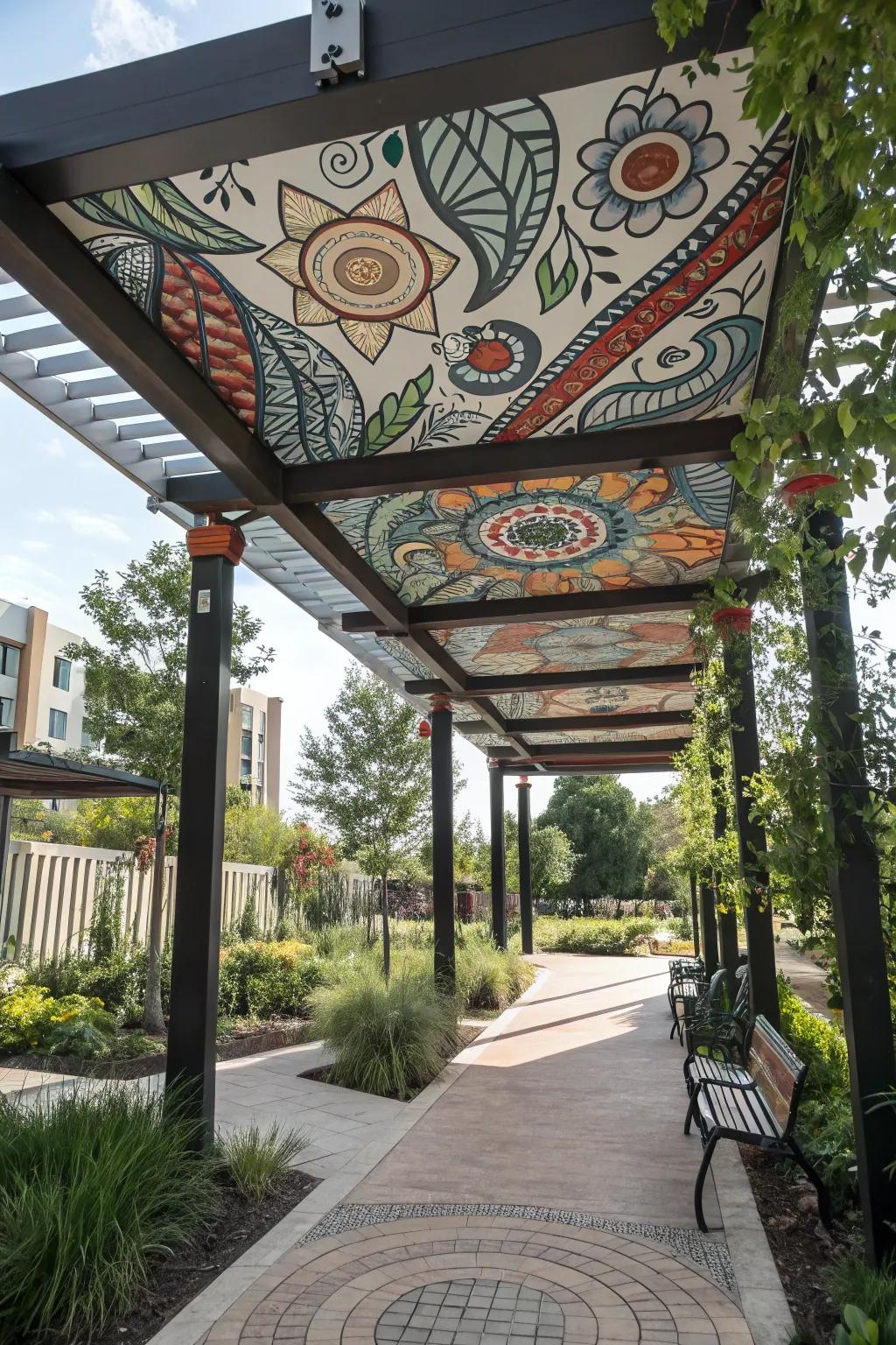 Art installations bring a unique artistic flair to pergola ceilings.