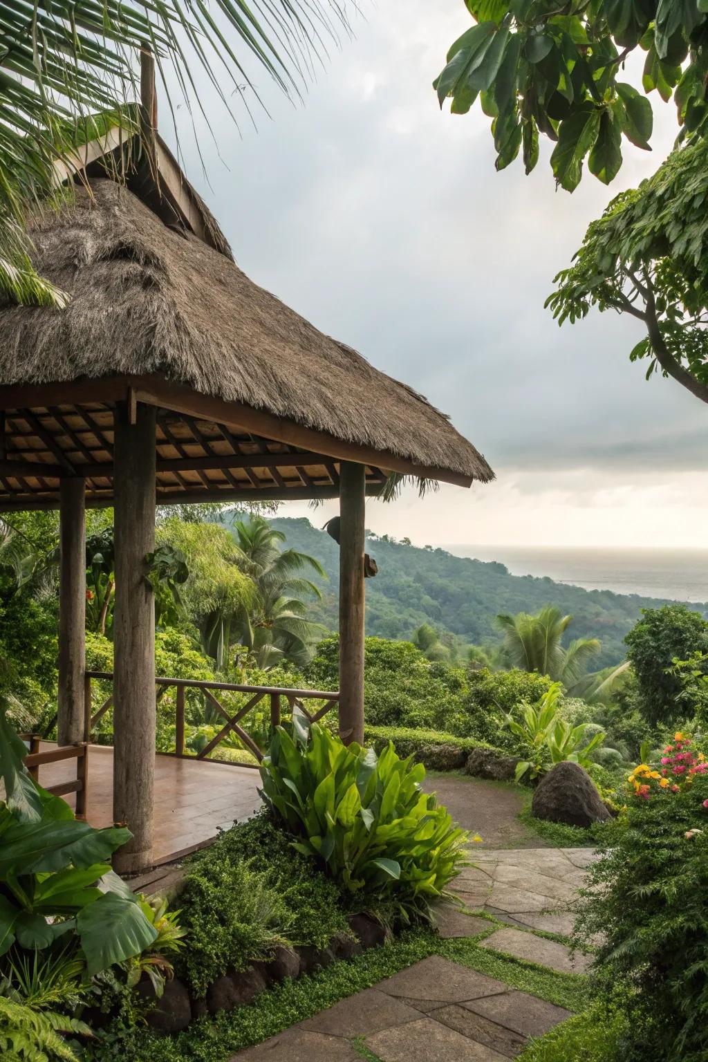 Thatched roofs offer a tropical escape feel to your pergola.