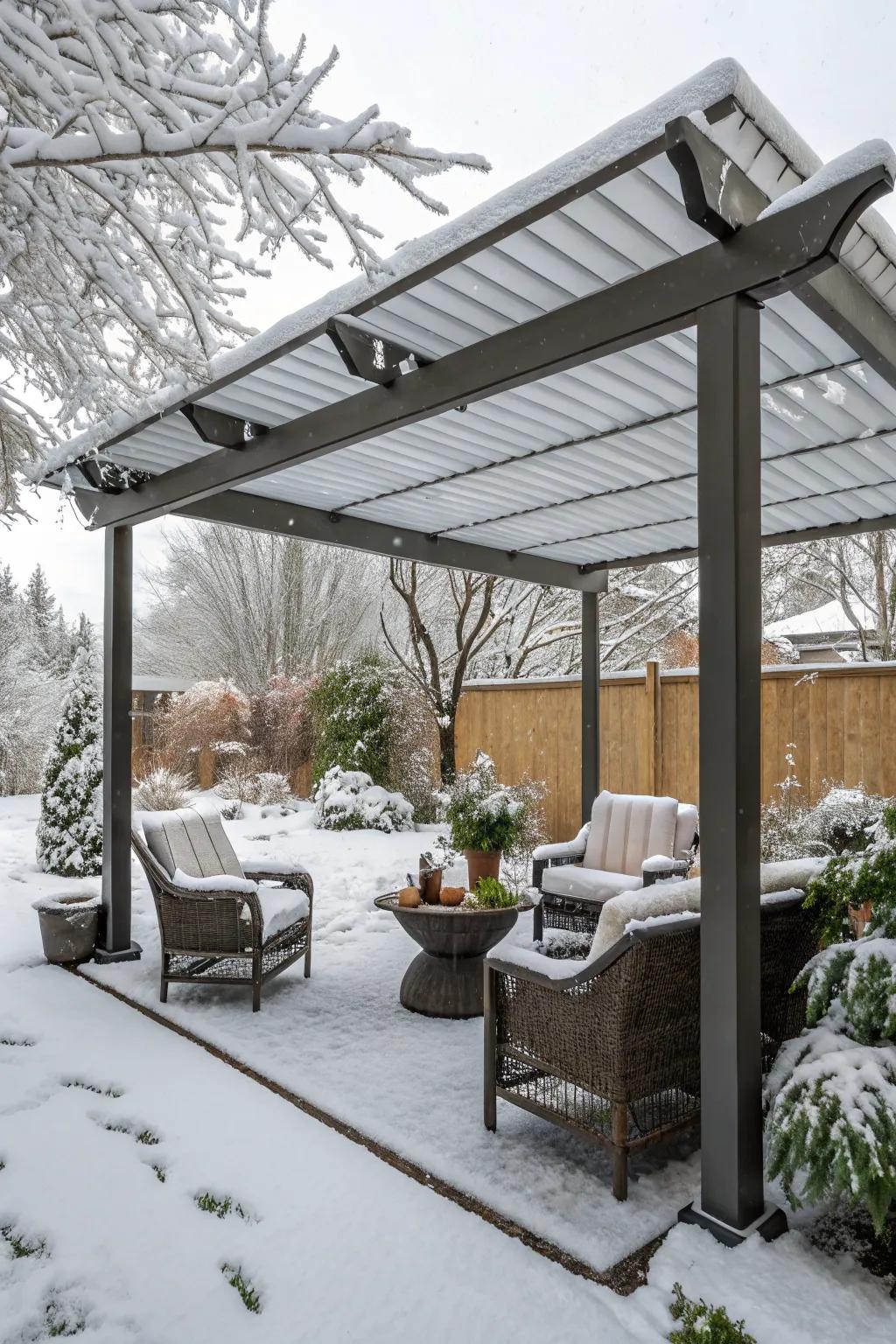 A retractable pergola offers flexible coverage from snow.