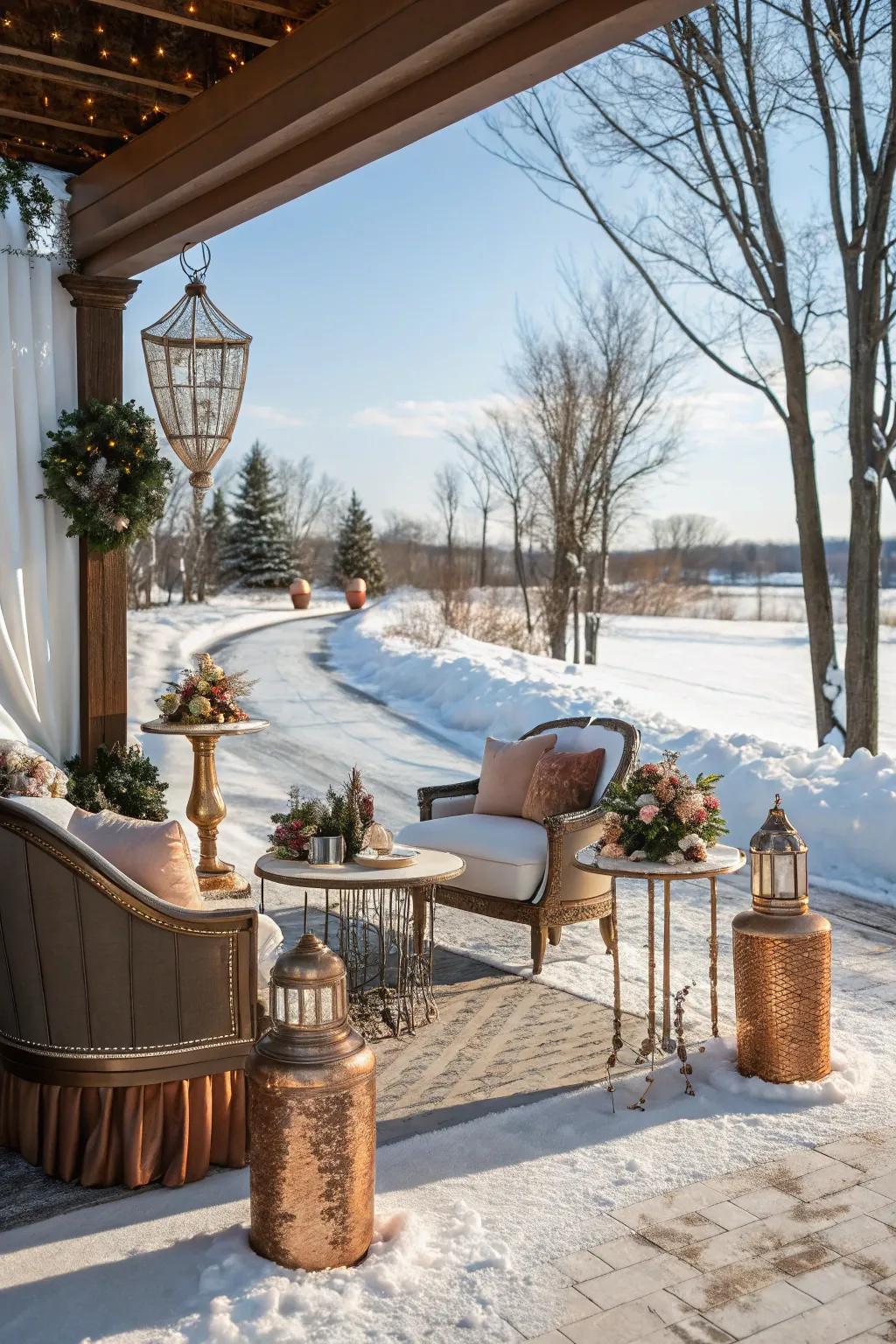 Warm metals add elegance to a winter patio.