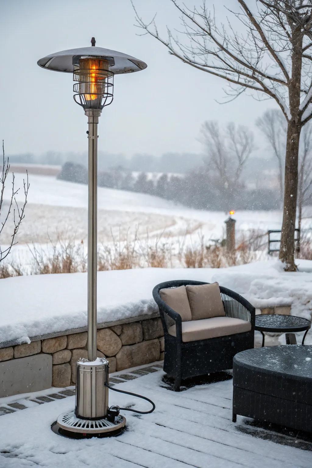 Patio heaters keep the chill at bay.