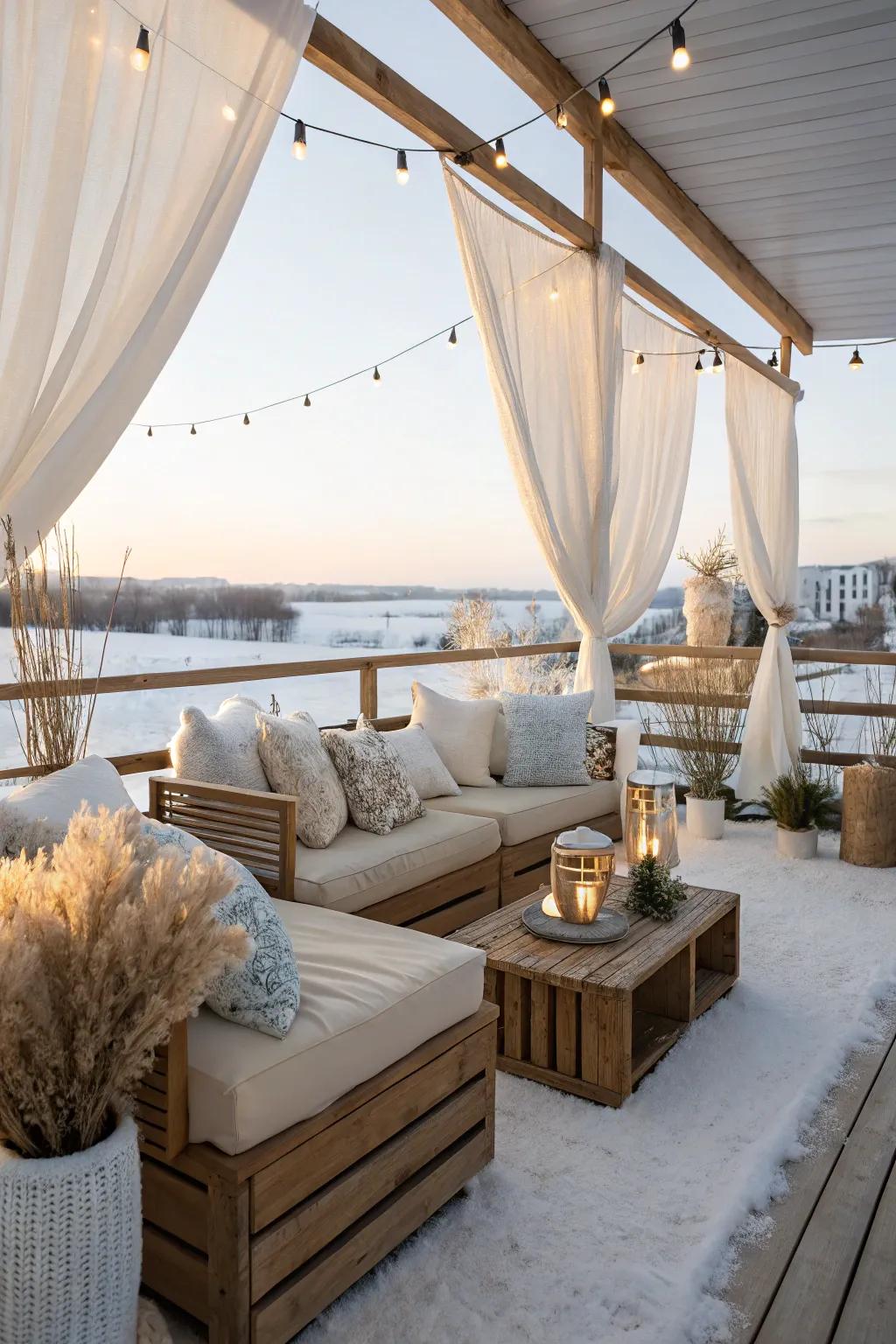 Light colors enhance the brightness of a winter patio.