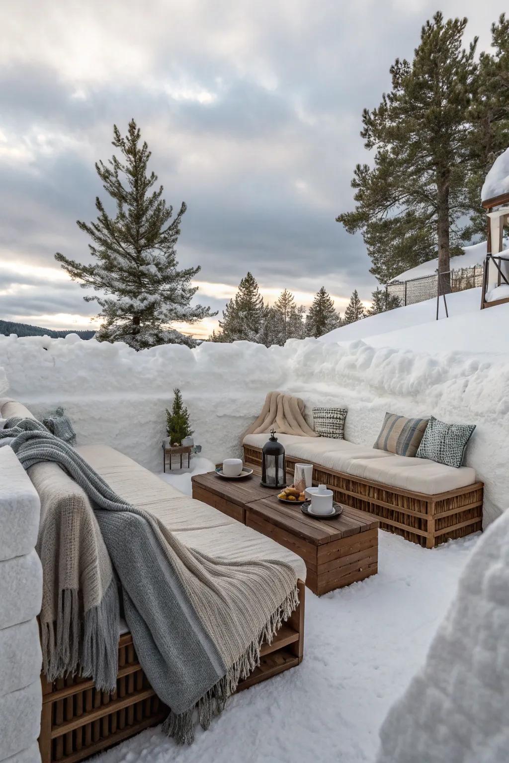 A snow lounge offers a playful take on winter seating.