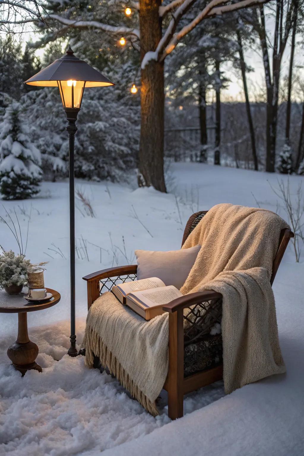 A reading nook offers a peaceful retreat in winter.
