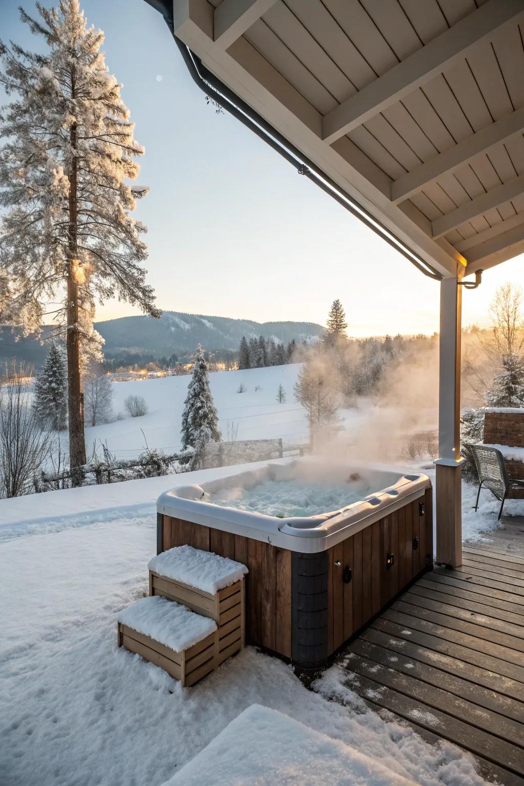 A hot tub offers relaxation and warmth in the cold.