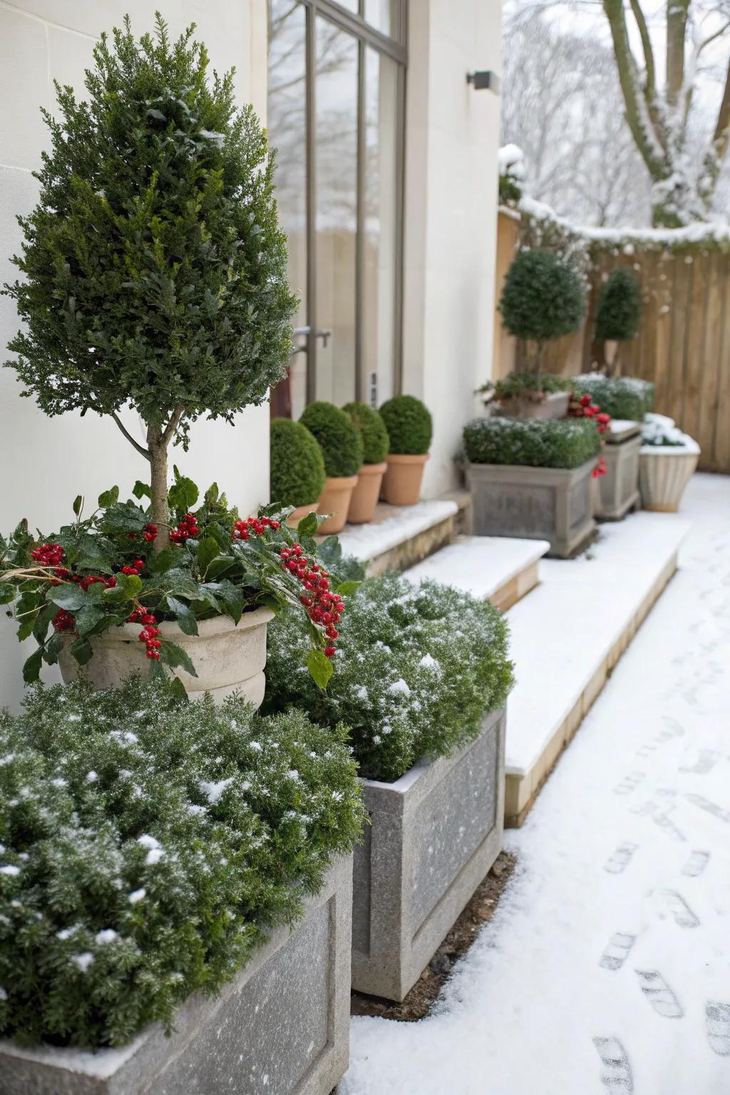 Evergreens provide a vibrant touch to winter patios.