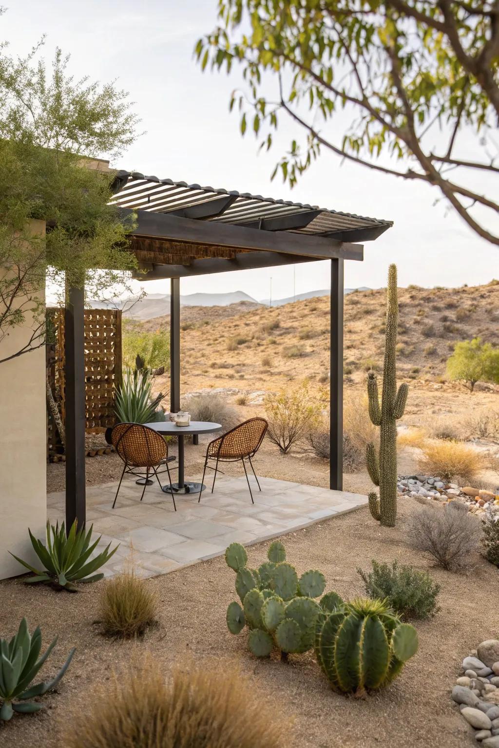An alfresco abode invites relaxation amidst the desert landscape.