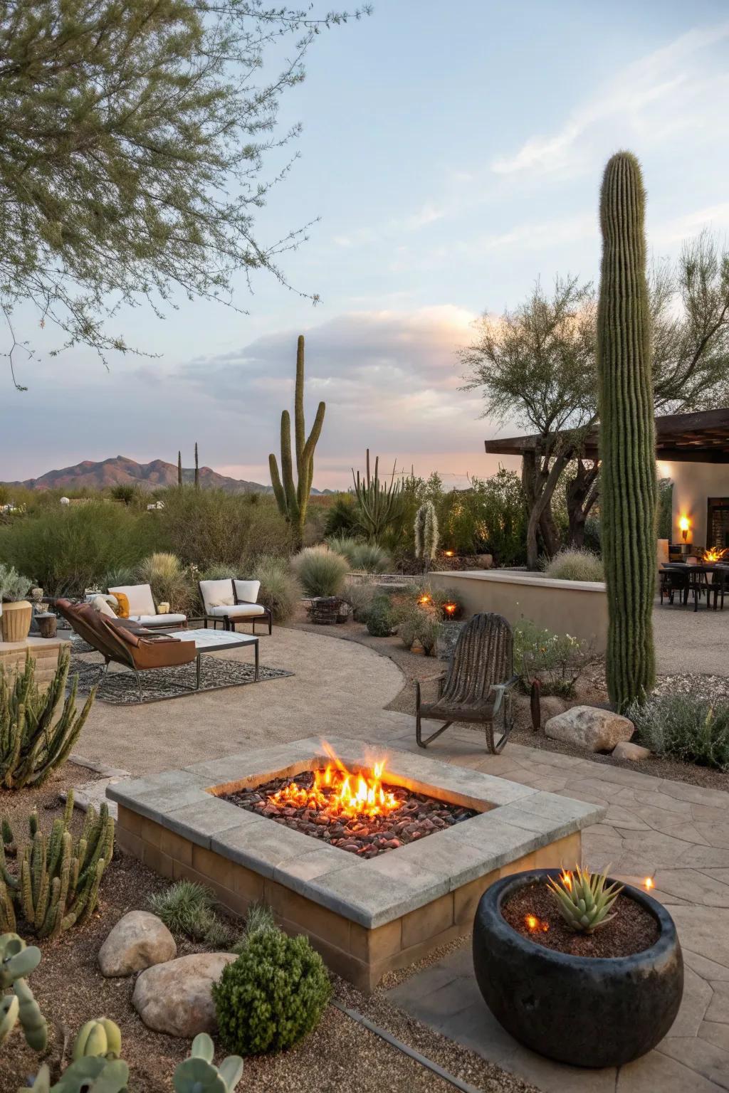 A fire pit creates a warm focal point in a desert backyard.