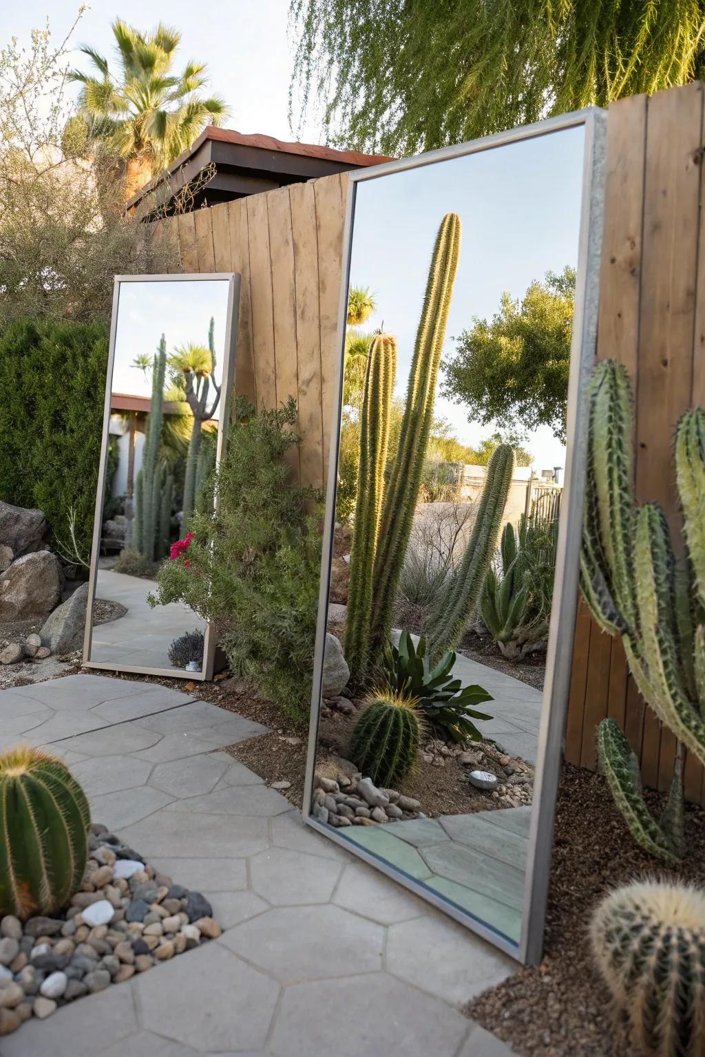 Mirrors expand the visual space and enhance your backyard's beauty.